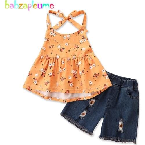 Babzapleume 2Piece 1-6Years Baby Girls Summer Clothes Flowers Sleeveless Lace T-shirt+Denim Hole Shorts Children Set BC2045-1