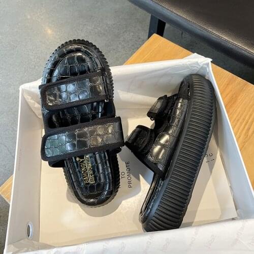 Chunky Summer Fashion Womens Flip Flops 2021 Round Toe Comfort Womens Slippers with Thick-soled Velcro Womens Beach Slippers