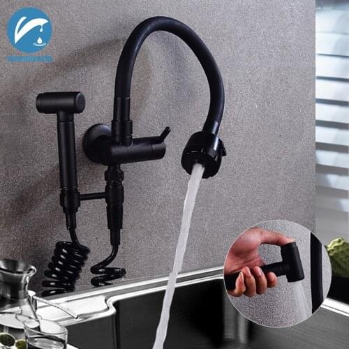 Matte Black Spray Hopper Kitchen Sink Faucet Cold Dual Water Outlet Single Handles Universal Rotation Kitchen Faucet Mixer Taps