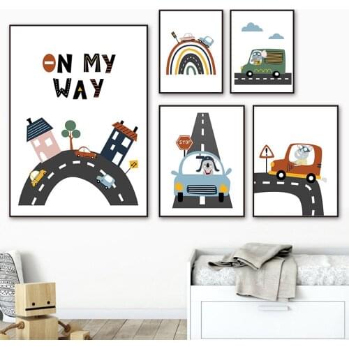 Cute Rhino Koala Elephant Car Rainbow Nordic Posters And Prints Wall Art Canvas Painting Nursery Wall Pictures Kids Room Decor