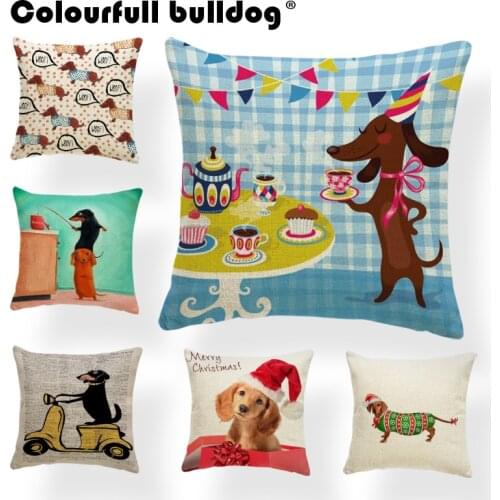 Animal Dog Cushion Covers Cartoon Dachshund Bull Terrier Pillow Cover Decorations Throw Pillow Covers 43X43Cm Linen Customized