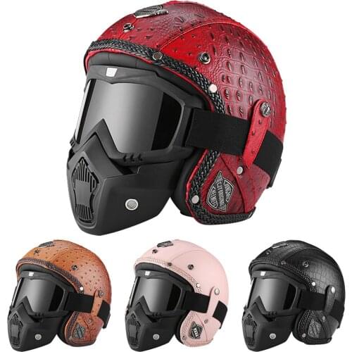German Vintage PU Leather Jet Helmet DOT approved Chopper Bobber Cafe Racer Motocross Scooter Capacete With Goggle Moto Casco