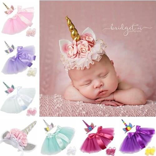 New 0~2 Years Newborn Unicorn Horn Headbands Tutu Dress With Barefoot Sandals Sets Kids Photo Shoot Children Birthday Gift