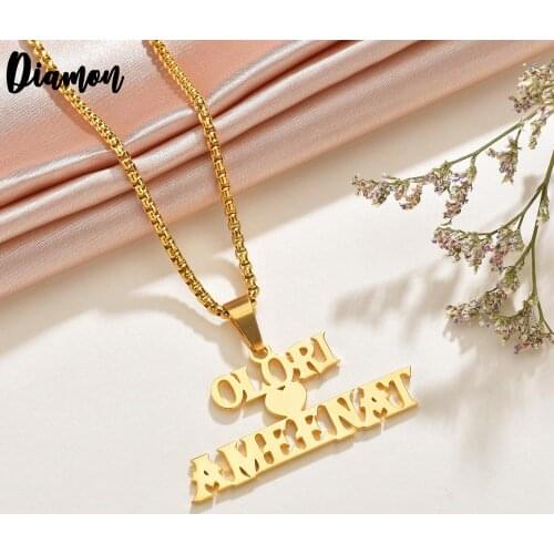 Diamon New Customized Stainless Steel Name Necklace Personalized Letter Gold Heart Pendant With Thicker China Nameplate Gift