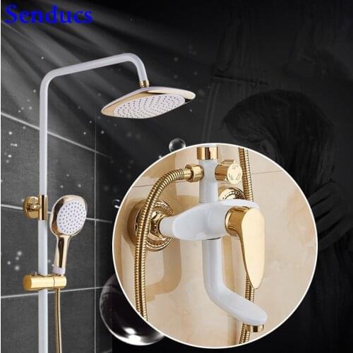Senducs Intelligent White Gold Shower Set 8 Inch Rain Shower Head Quality Brass Bathtub Shower Faucet Newly White Shower System