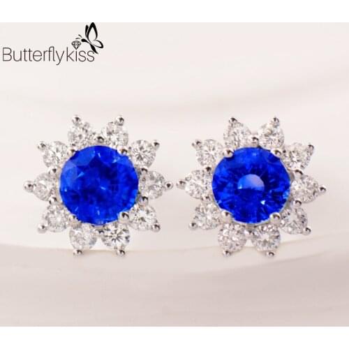 BK 18k Genuine Gold 585 Stud Earrings Natural Sapphire Gemstone 2.34g White Gold Blue Wedding Party Luxury Jewelry For Women