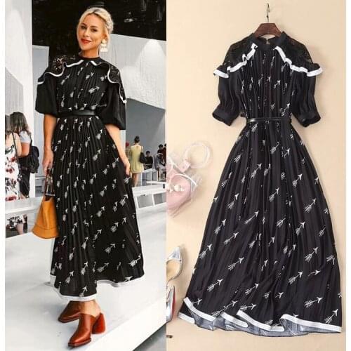 Collar chiffon sleeves New show temperament of tall waist receive pressure plait falbala dress