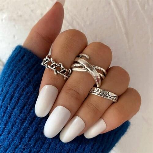 KISS WIFE Vintage Ancient Silver Color Roman numerals Crossed Rings For Women Adjustable Open Rings Set PUNK Jewelry Goth Party