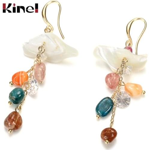 Kinel Vintage Natural Stone Big Drop Earrings For Women Handmade Beaded Shell Beads Zircon Ethnic Bride Wedding Jewelry