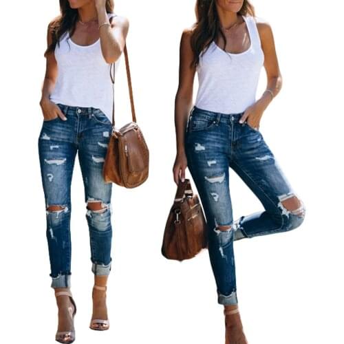 Women Classic Casual High Waist Loose Broken Holes Jeans Dark Blue Close-fitting Long Trousers