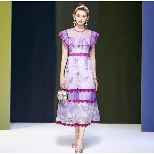 Seifrmann Summer Women Fashion Runway A-line Dress Butterfly Sleeve Lace Embroidery Elegant Bodycon Fit Midi Dresses vestidos