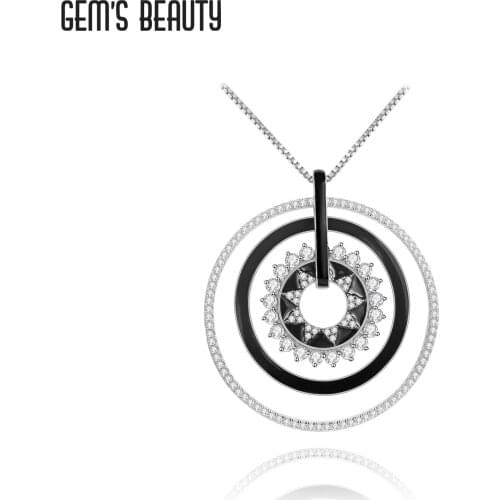 GEMS BEAUTY 925 Sterling Silver Enamel Necklace For Women Round Halo White Simulant Diamond Handmade Fashion Jewelry Pendant
