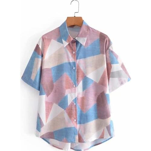 ZXQJ Women 2021 Fashion Geometric Pattern printing Asymmetry Blouses Vintage Short Sleeve Female Shirts Blusas Chic Tops