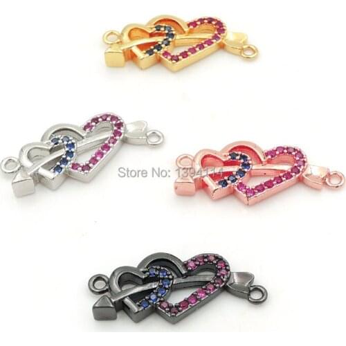 24*10*2mm Micro Pave Blue&Red CZ Combination of 2 Hearts And Arrow Connectors Fit For Men And Women Making Bracelets Jewelry