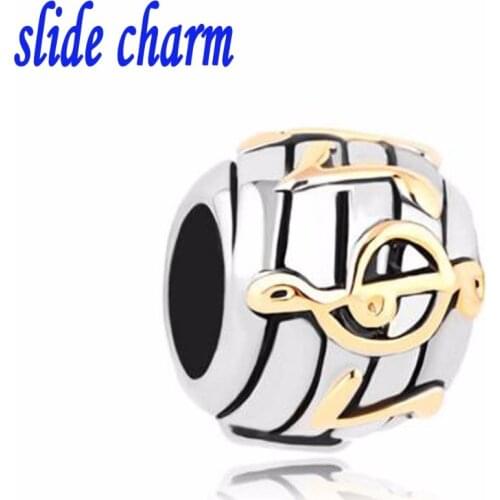 Slide charm Free shipping Mother luxury brand golden musical notation charm beads fit Pandora bracelet Christmas