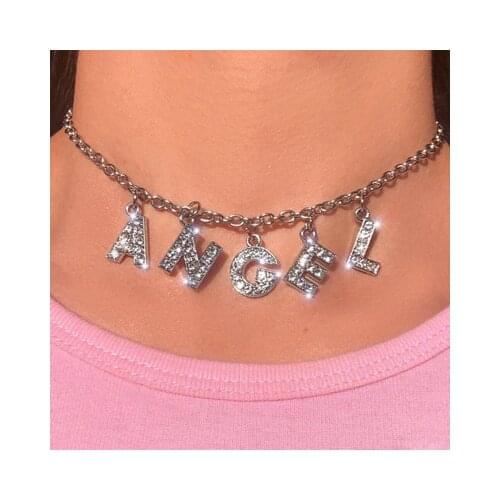 Harajuku Letter Crystal Angel Necklace Chain BABY Rhinestone Choker Couple Gift Pendant Aesthetic Femme Collier Women Jewelry