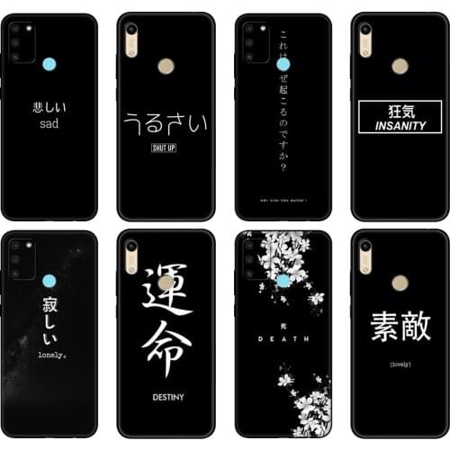 Black tpu Case For Honor 8a Prime 8s 9 10X Lite 9A 9C 9X Premium Pro 9S Case Cover Japanese Anime Aesthetic text letter