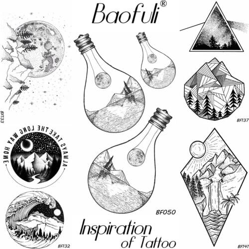 Black Planets Temporary Tattoo Creative Bulb High Hill Pace Lake Waterproof Tatoos Tree River Body Art DIY Fake Tattoo Stickers
