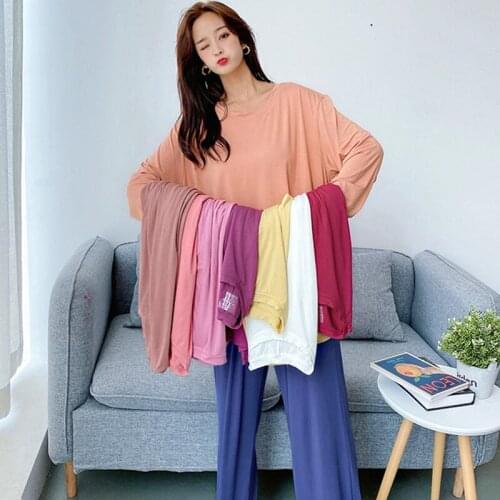 Net red hit color pajamas female modal cotton pijamas women o-neck long sleeve trousers two-piece set autumn winter home suit