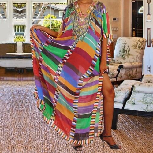 Kaftan Bikini Cover-ups Tunic Women Large Size Beach Wear Swim Suit Cover Up Bohemian Printed Loose Beach Dress Q1084