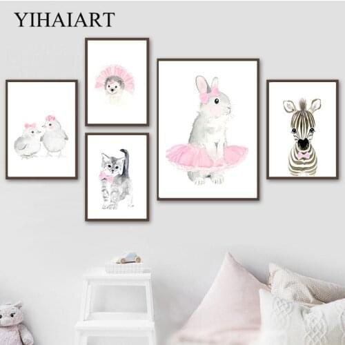 Kawaii Cartoon Animal Canvas Painting Nursery Wall Art Print Zebra Bunny Picture Nordic Style Poster Kids Girl Bedroom Decor