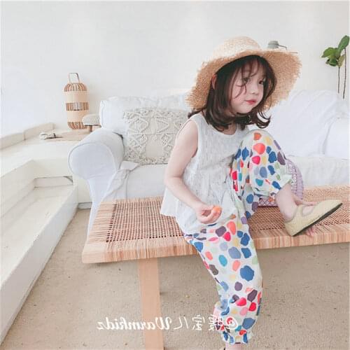 Girls summer clothes sets Summer 2021 white sleeveless vest and colorful dot printing pants kids loose casual 2pcs suit outfits