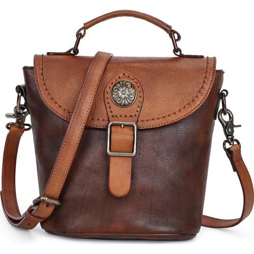 Literary Shoulder Bucket Bag Manual Head Layer Cowhide Retro Color Bag Portable Women Crossbody Bag In Stock