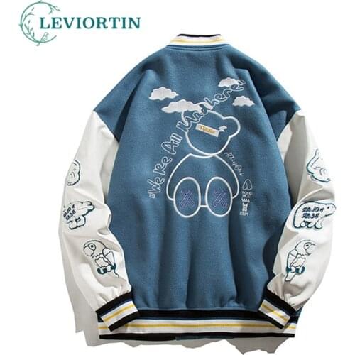 Hip Hop Baseball Varsity Jacket Men Street Bear EmbroideryJapanese Casual Loose Bomber Coat Japanese Casual Loose Bomber Coats