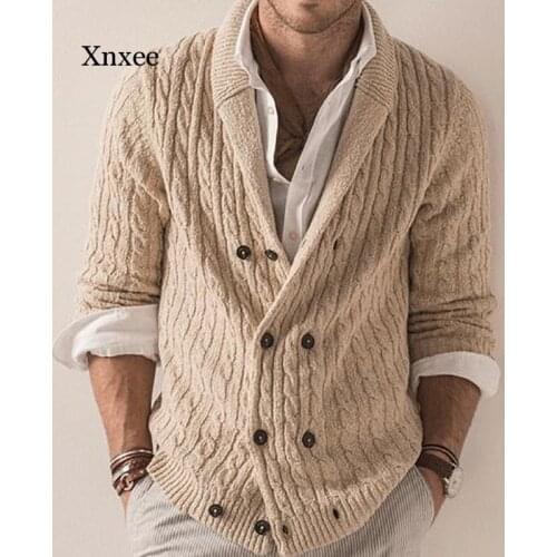 Autumn Mens Cardigan Double Breasted Lapel Long Sleeve Thiock Warm Stretchy Casual Simple Fashion Knitting Male Sweater