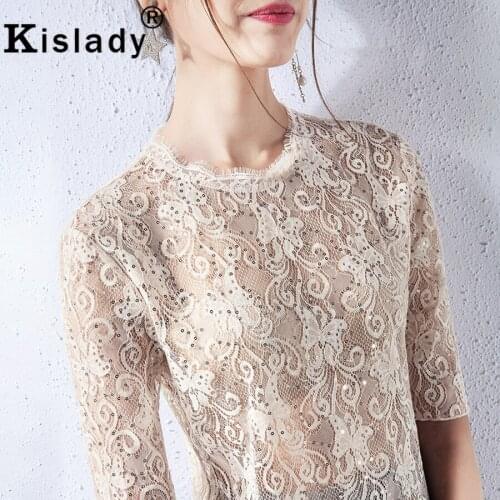 Kislady 2020 New Spring Summer Fashion Sexy Lace Blouses Apricot Round Neck Half Sleeve shirts Transparent Hollow Out Mesh Tops