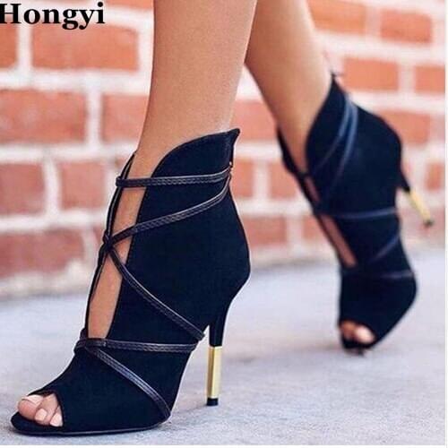 Hongyi New Sweet Style Women Ankel Boots Open Toe Cross Strappy Thin High Heels Sandal Boots Fashion Women Botines Mujer Botas