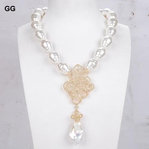 GG Jewelry White Sea Shell Pearl Necklace White Keshi Pearl Propitious Cloud Cubic Zirconia Micro Silver Color Plated Pendant
