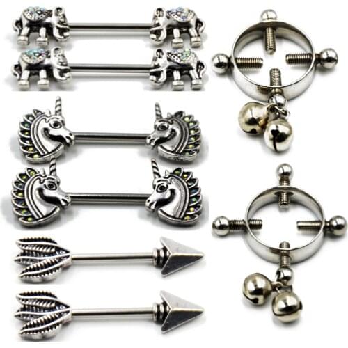 PAIR Vintage Arrow Feather Nipple Barbell Ring Fake Piercing Faux Nipple Shield Elephant Odobenus Rosnarus Nipple Piercing Bar