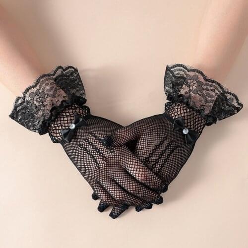 Sexy Lace Fingerless Gloves Women Dance Gloves Sun Protection Ladies Half Finger Fishnet Heated Mesh Mitten Rhinestone Bow Glove