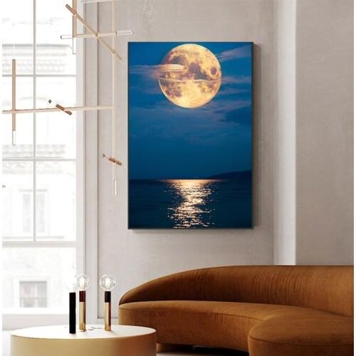 Nordic Style Landscape Canvas Painting Modern Landscape Art Sea and Moon Poster and Print Wall Art Picture for Living Room Decor