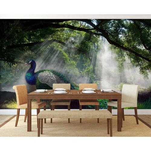 Custom 3D Photo Wallpaper Sticker Forest Peacock Wall Decal Vinyl Wall Stickers Wall Decorations Living Room Poster Mural