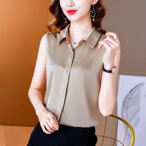 Women Shirt Satin Solid Blouses for Women Sleeveless Office Lady Shirts White Polo Neck Blouse Top Female 2021 Woman Basic Shirt