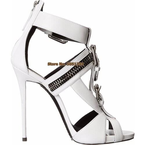 Summer Womens Sandals High Heel Metal Buckle Zipper Peep Toe Punk Fish Mouth Stiletto Side Hollow Fashion Shoes