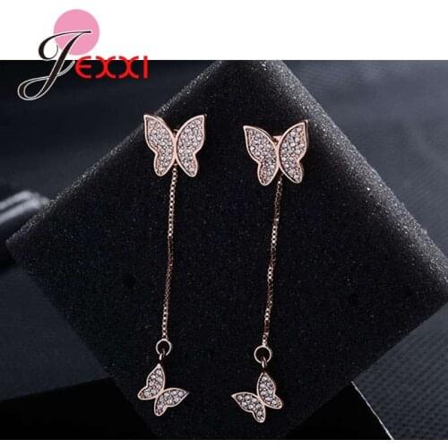 925 Sterling Silver Austrian Butterfly Shape Deign Pave Zircon Round Crystal Pendant Drop Earrings For Bridal Jewelry