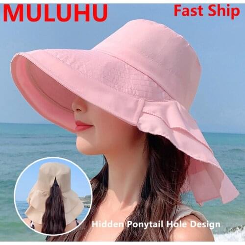 Fedora Womens Cap Fashion Hidden Ponytail Hole Visor Big Brim Anti-UV Sun Cap Beach Neck Guard Fishermans Foldable Bucket Hat