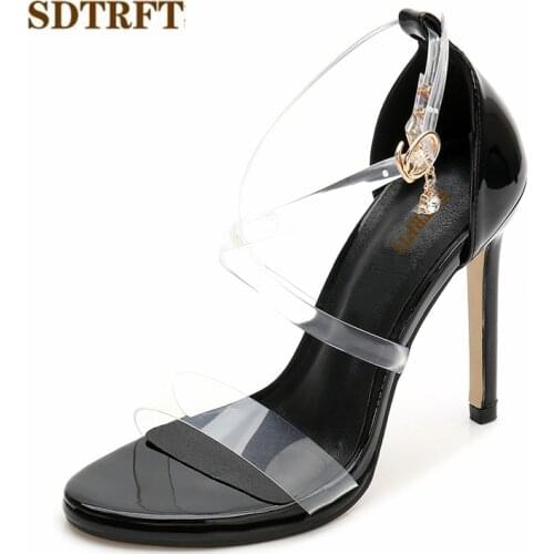 SDTRFT Fashion Narrow Band stilettos Crossdresser Sandals 11cm thin heels transparent shoes woman buckle pumps US4-12 13 14 15