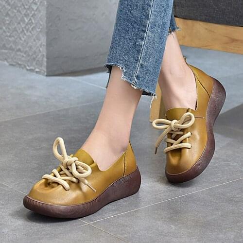 Retro Genuine Leather Womens Shoes Thick-soled Platform Platform Soles Casual Lace-up Low-cut Loafers 2021 Spring Single Shoes