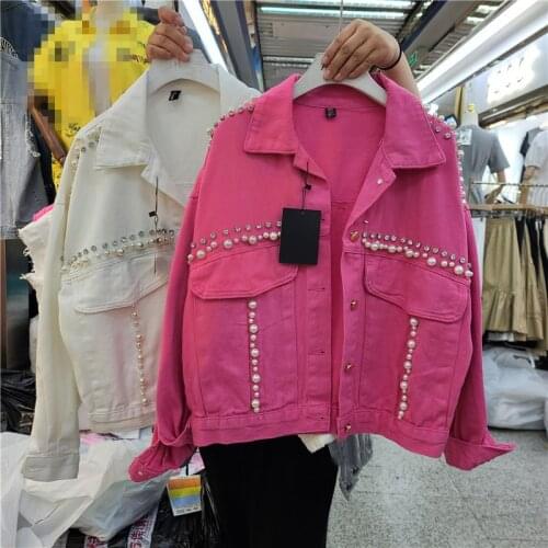 Heavy Work Diamond Pearl Beaded Korean Loose Jean Jackets Women New Autumn Casual Denim Jackets Woman Spring Long Sleeve Coats