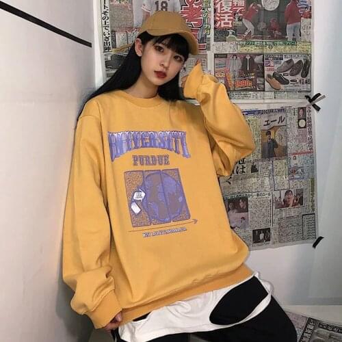 Women Korean Loose Oversized Clothes Sweatshirt Vintage Oversized Harajuku Korean Hoodie Top 2021 Spring Autumn O-Neck Pullover