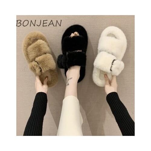 Real Rabbit Fur Slippers Women Shoes Woman Outdoor 2020 Autumn New Fluffy Slippers Flat Warm Cotton Winter Slides Fur Slippers