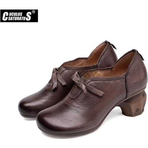 Women Pumps Round Toe Genuine Leather Women Thick Heel Shoes Black brown Comfort style Daily womens shoes Breathable insole