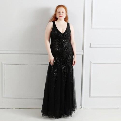 Evening Dress V-Neck Sleeveless Sequins Floor-Length Black Elegant Empire A-Line Zipper Back Plus Size Women Formal Gowns D1269