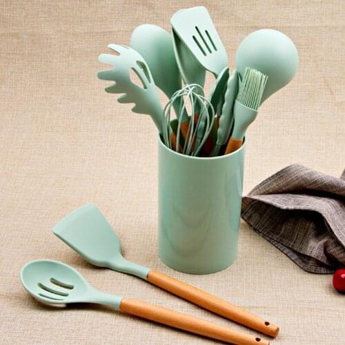 12PCS Silicone Cooking Utensils Set Non-stick Spatula Shovel Wooden Handle Cooking Tools Set With Storage Box Kitchen Tools