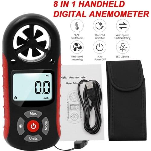 New Style 8 In 1 Anemometer LCD Digital Handheld Wind Speed Meter for 0-30m/s Measuring Wind Speed Temperature and Wind Chill