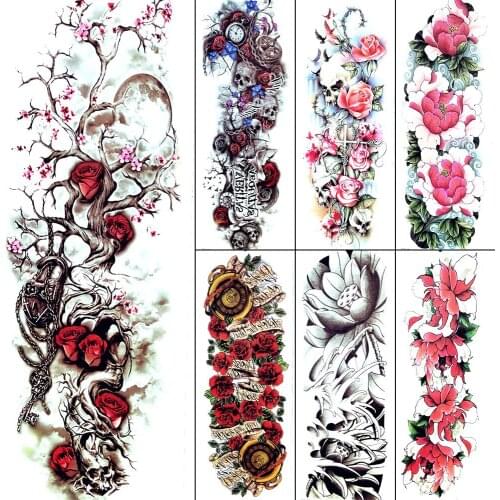 Black High Moon Tree Branch Temporary Tattoo Rose Peach Blossom Chain Tattoo Stickers Full Arm Girls Summer Party Tattoos Women